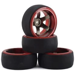 Firebrand RC Aluminum Highfive D2M12 Pre-Mounted Slick Drift Tires (4) (Red/Gun Metal) w/D2 Tires, 12mm Hex & 12mm Offset