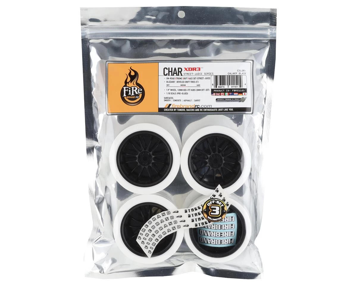 Firebrand RC Char XDR3 Pre-Mounted Drift Tires (4) (Black/White) w/Blizzard Tires, 12mm Hex & 3mm Offset 3 Firebrand RC Char XDR3 Pre-Mounted Drift Tires (4) (Black/White) w/Blizzard Tires, 12mm Hex & 3mm Offset - Image 3