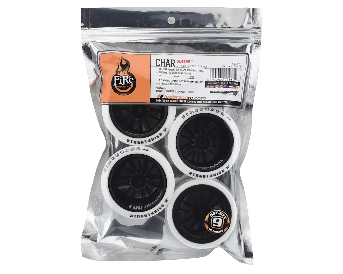 Firebrand RC Char XDR9 5° Pre-Mounted Slick Drift Tires (4) (Black/White) w/Blizzard Tires, 12mm Hex & 9mm Offset 3 Firebrand RC Char XDR9 5° Pre-Mounted Slick Drift Tires (4) (Black/White) w/Blizzard Tires, 12mm Hex & 9mm Offset - Image 3