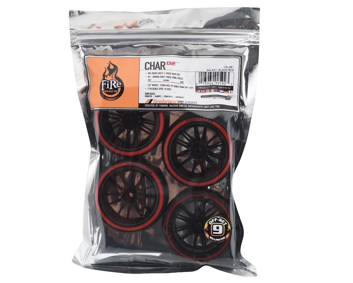 Firebrand RC Char D29R Pre-Mounted 2-Piece Slick Drift Tires (4) (Black/Red) w/D2 Tires, 12mm Hex & 9mm Offset 3 Firebrand RC Char D29R Pre-Mounted 2-Piece Slick Drift Tires (4) (Black/Red) w/D2 Tires, 12mm Hex & 9mm Offset - Image 3
