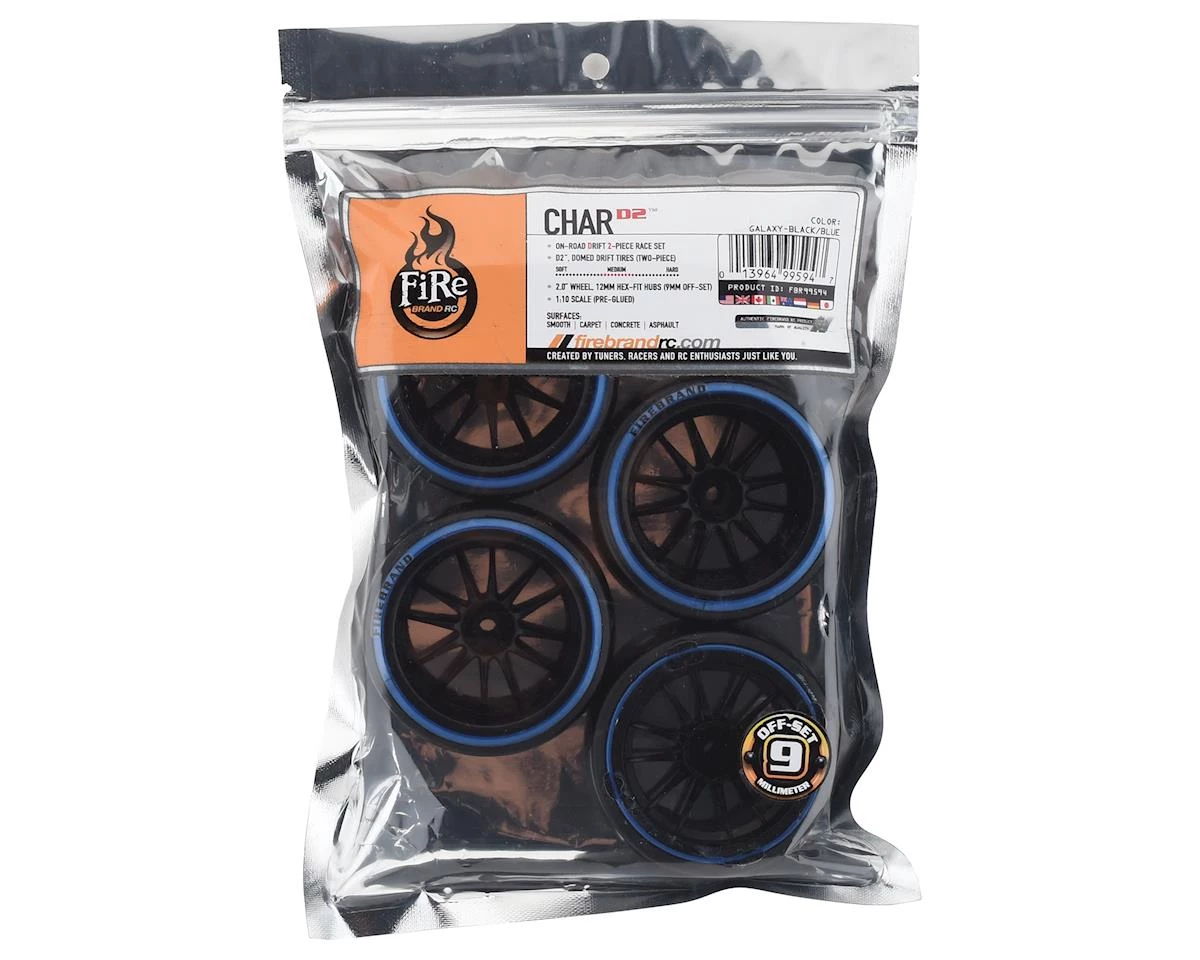 Firebrand RC Char D29B Pre-Mounted 2-Piece Slick Drift Tires (4) (Black/Blue) w/D2 Tires, 12mm Hex & 9mm Offset 3 Firebrand RC Char D29B Pre-Mounted 2-Piece Slick Drift Tires (4) (Black/Blue) w/D2 Tires, 12mm Hex & 9mm Offset - Image 3