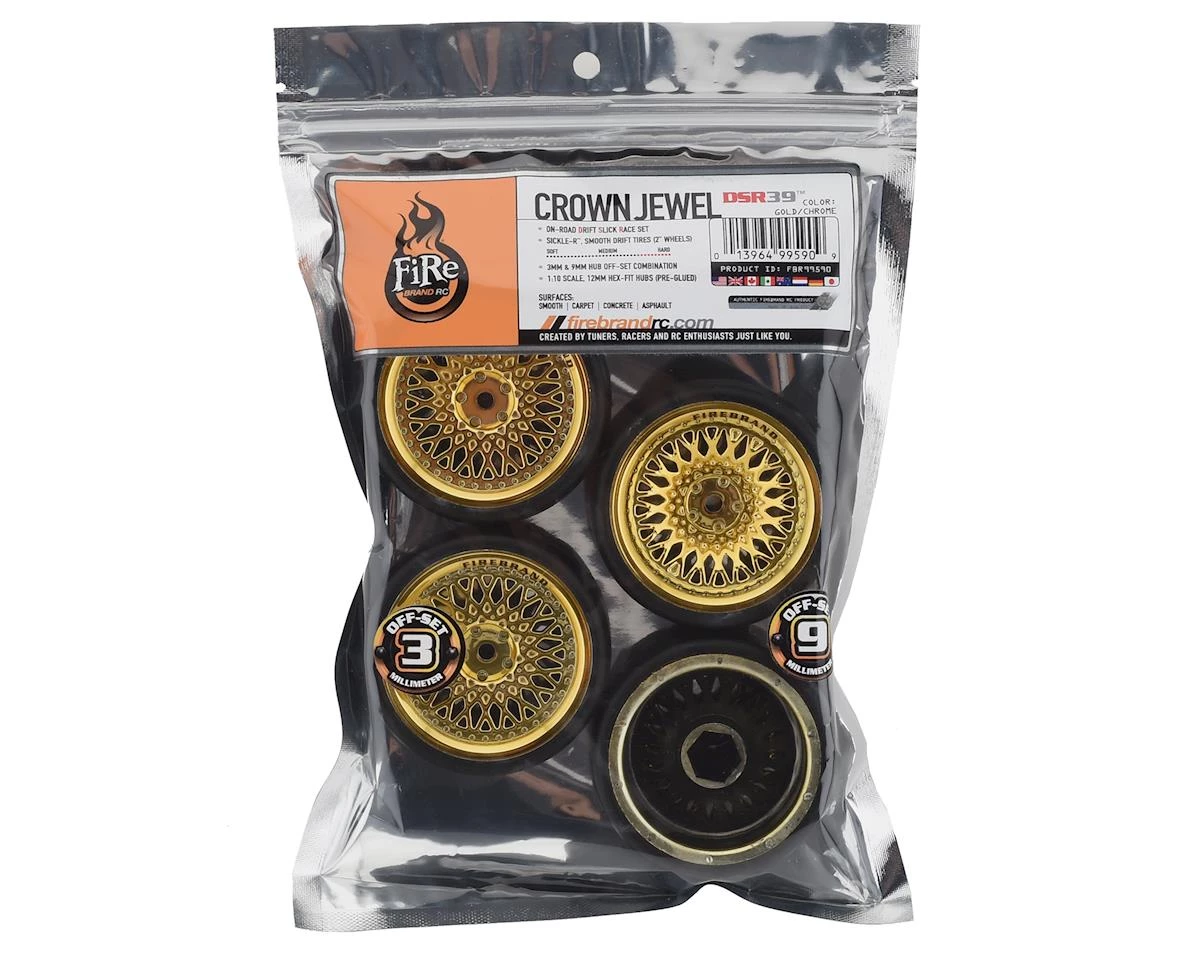 Firebrand RC Crownjewel DSR39 Pre-Mounted Slick Drift Tires (4) (Gold) w/Sickle-R Tires, 12mm Hex & 3mm/9mm Offset 3 Firebrand RC Crownjewel DSR39 Pre-Mounted Slick Drift Tires (4) (Gold) w/Sickle-R Tires, 12mm Hex & 3mm/9mm Offset - Image 3