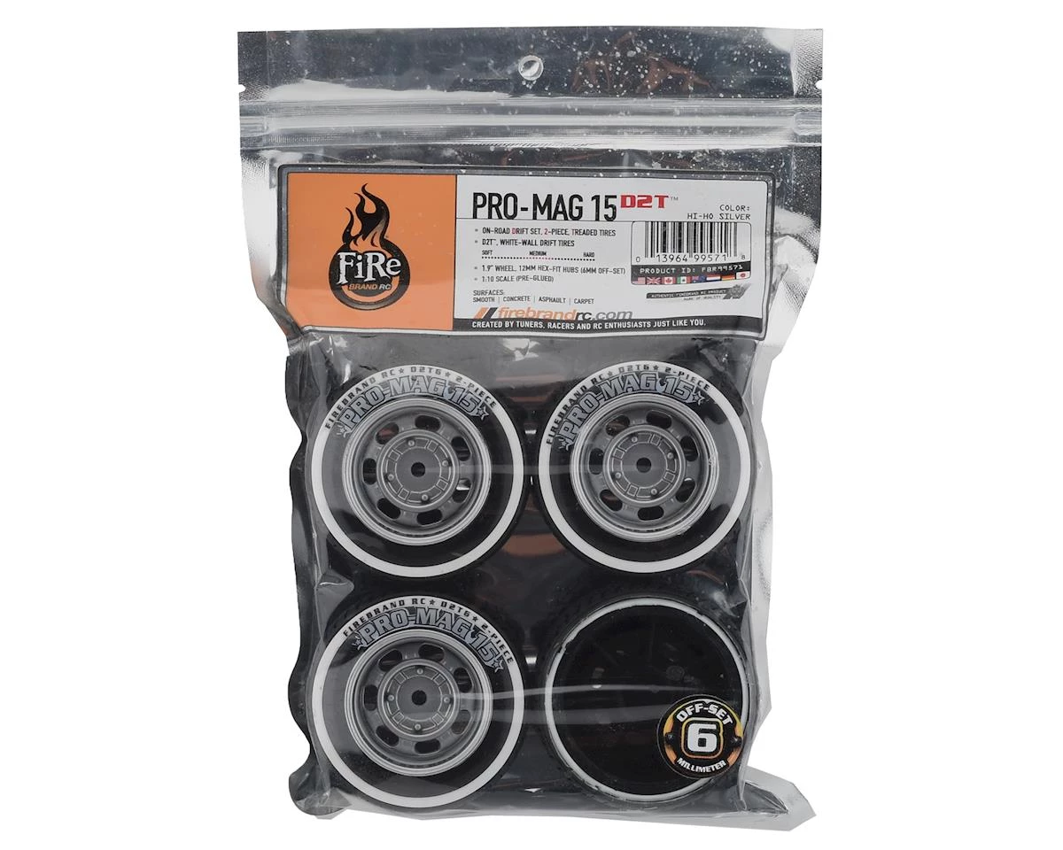 Firebrand RC Promag 15-D2T Pre-Mounted Drift Tires (4) (Silver) w/D2T Tires, 12mm Hex & 6mm Offset 3 Firebrand RC Promag 15-D2T Pre-Mounted Drift Tires (4) (Silver) w/D2T Tires, 12mm Hex & 6mm Offset - Image 3