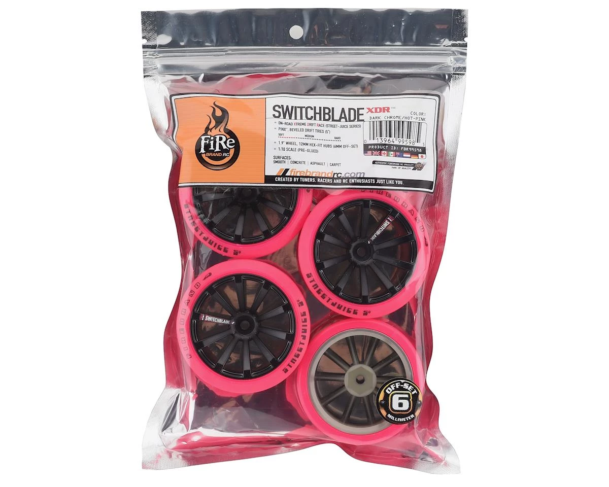 Firebrand RC Switchblade XDR6 5° Pre-Mounted Slick Drift Tires (4) (Black/Pink) w/Pinx Tires, 12mm Hex & 6mm Offset 3 Firebrand RC Switchblade XDR6 5° Pre-Mounted Slick Drift Tires (4) (Black/Pink) w/Pinx Tires, 12mm Hex & 6mm Offset - Image 3