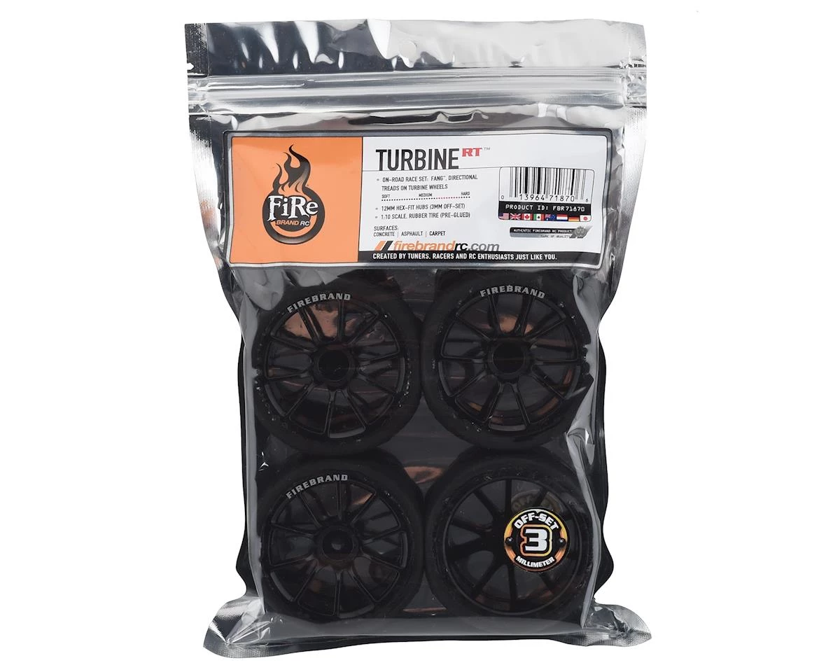 Firebrand RC Turbine RT3 Pre-Mounted On-Road Tires (4) (Black) w/Fangs Tires, 12mm Hex & 3mm Offset 3 Firebrand RC Turbine RT3 Pre-Mounted On-Road Tires (4) (Black) w/Fangs Tires, 12mm Hex & 3mm Offset - Image 3